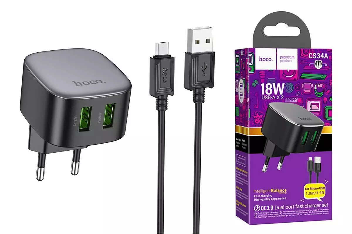CS34A Rayo, dual USB-A 18W port wall charger MICRO