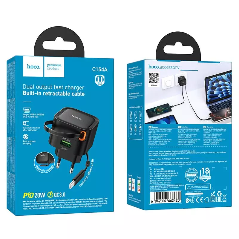 C154A Changer PD20W+QC3.0 Charger With Telescopic Cable(EU)