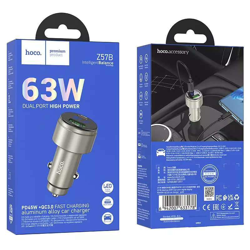 Z57B Glorious 63W Dual-port Digital Display PD45W+QC3.0 Car Charger