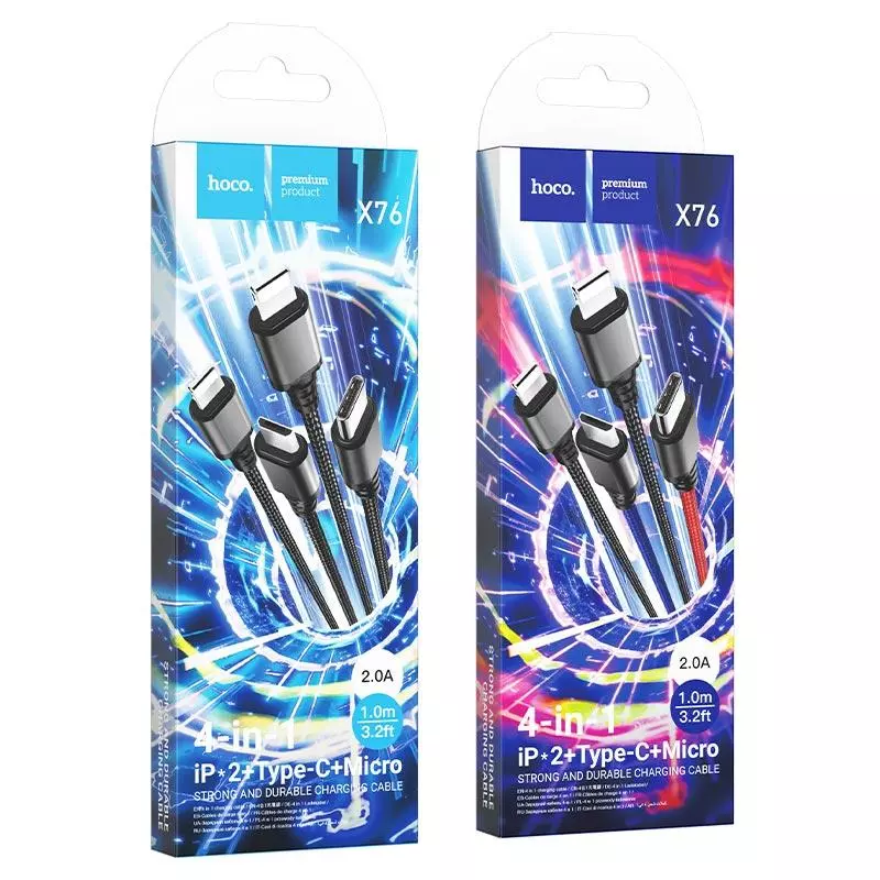 X76 4-In-1 Super Charging Cable(iP+iP+Type-C+Micro) X76 4-In-1 Super Charging Cable(iP+iP+Type-C+Micro)