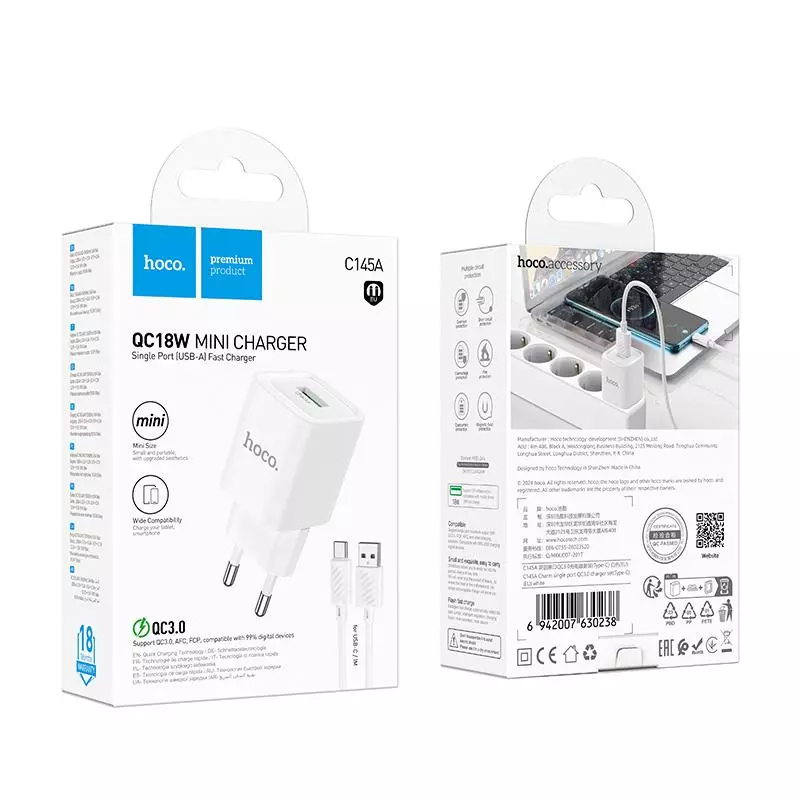 C145A Charm Single Port QC3.0 Charger Set(Type-C)(EU)