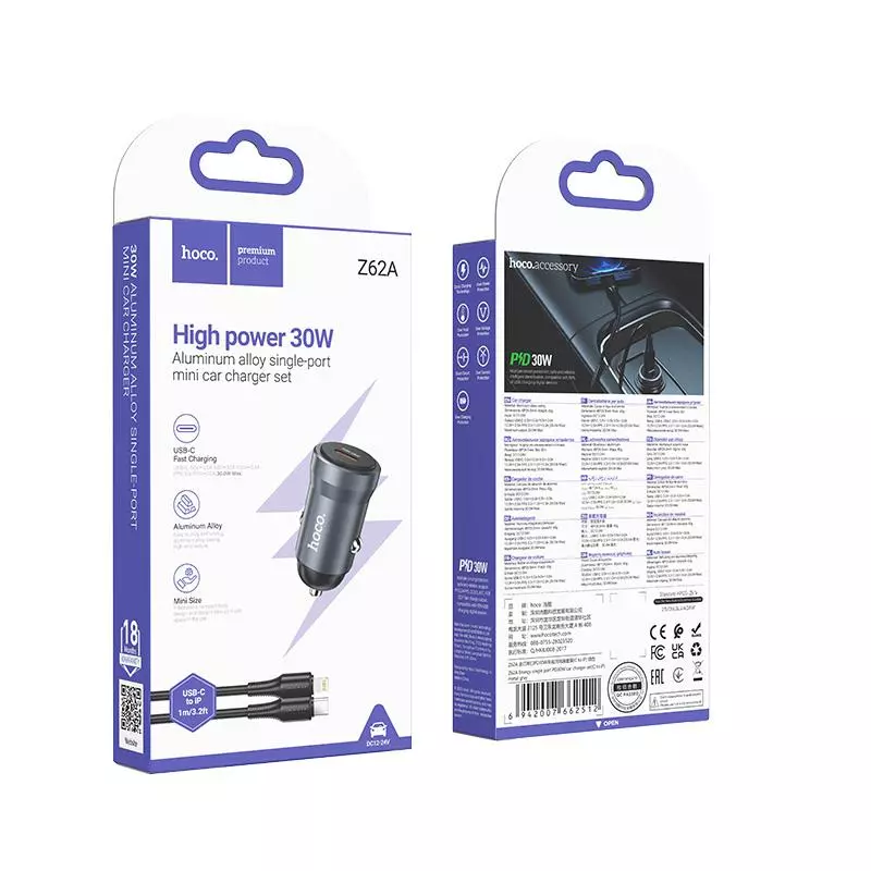 Z62A Energy single port PD30W car charger set(C to iP)