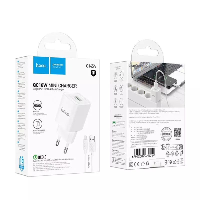 C145A Charm Single Port QC3.0 Charger Set(Micro)(EU)