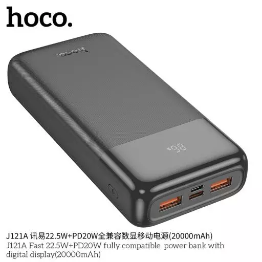 J121A (20000mAh) Fast 22.5W+PD20W fully compatible  power bank with digital display