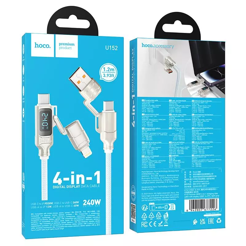 U152 Fortune 240W 4-In-1 Charging Data Cable With Display USB/C To IP/C U152 Fortune 240W 4-In-1 Charging Data Cable With Display USB/C To IP/C