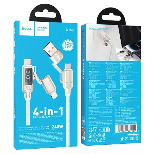 U152 Fortune 240W 4-In-1 Charging Data Cable With Display USB/C To IP/C