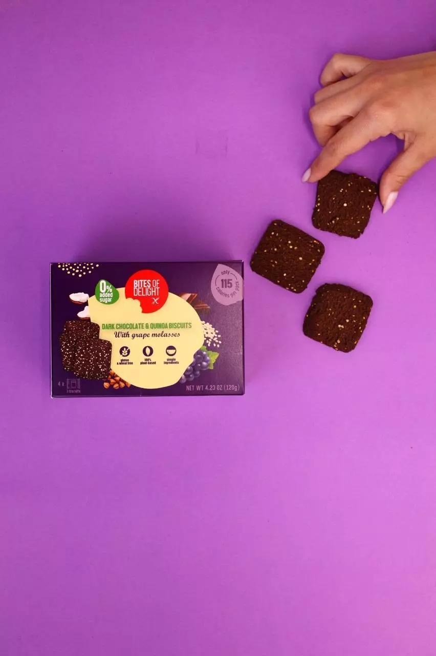 BITES OF DELIGHT GLUTEN FREE DARK CHOCOLATE & QUINOA BISCUITS 120G