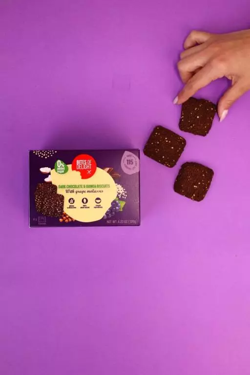 BITES OF DELIGHT GLUTEN FREE DARK CHOCOLATE & QUINOA BISCUITS 120G