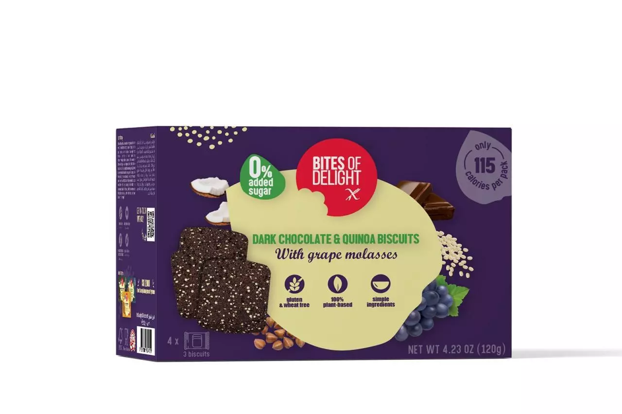 BITES OF DELIGHT GLUTEN FREE DARK CHOCOLATE & QUINOA BISCUITS 120G