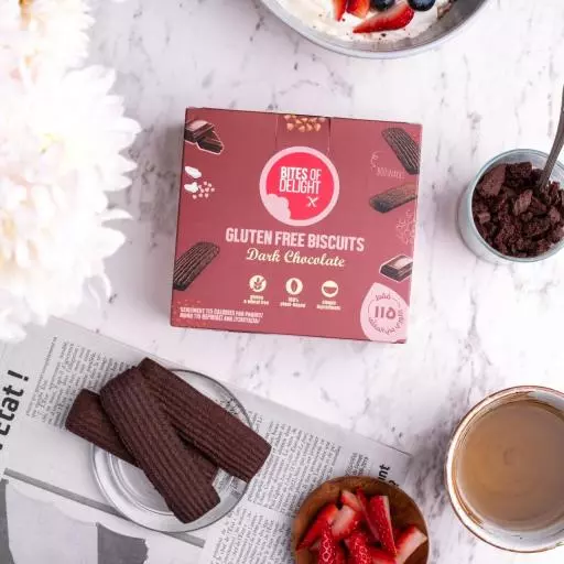 BITES OF DELIGHT GLUTEN FREE DARK CHOCOLATE BISCUITS 150G
