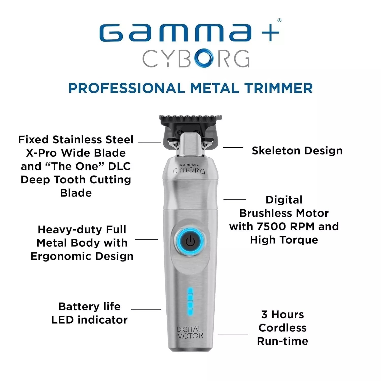 Gamma+ Cyborg Professional Metal Trimmer With Digital Brushless Motor Gamma+ Cyborg Professional Metal Trimmer With Digital Brushless Motor