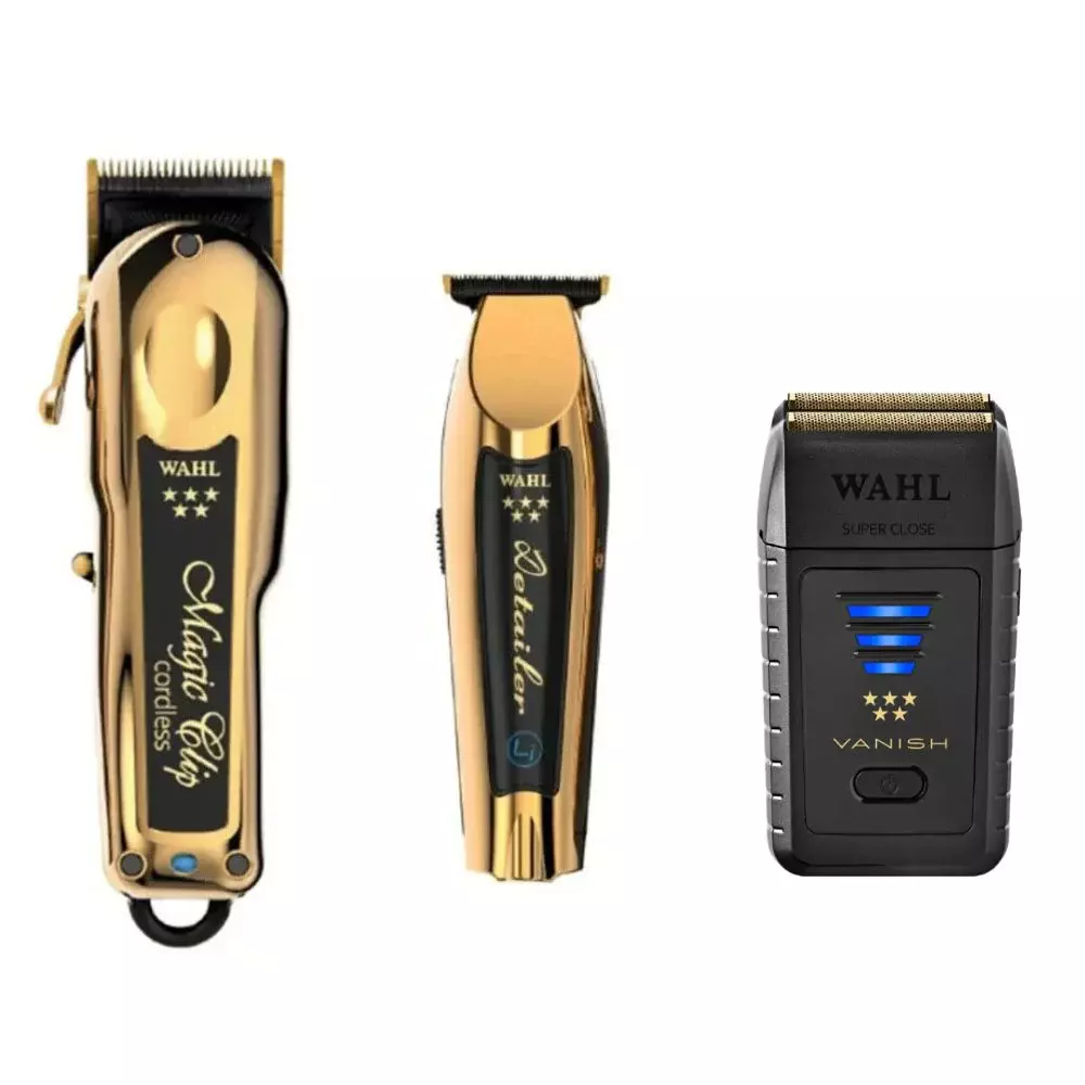 Wahl Gold Cordless Magic Clip, Gold Cordless Detailer Trimmer & 5-Star Vanish Shaver Combo