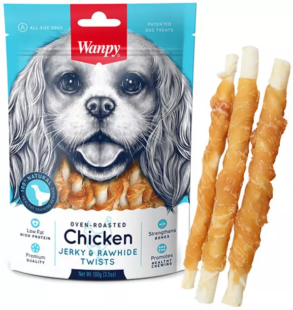 WANPY CHICKEN JERKY & RAWHIDE TWISTS 100G  